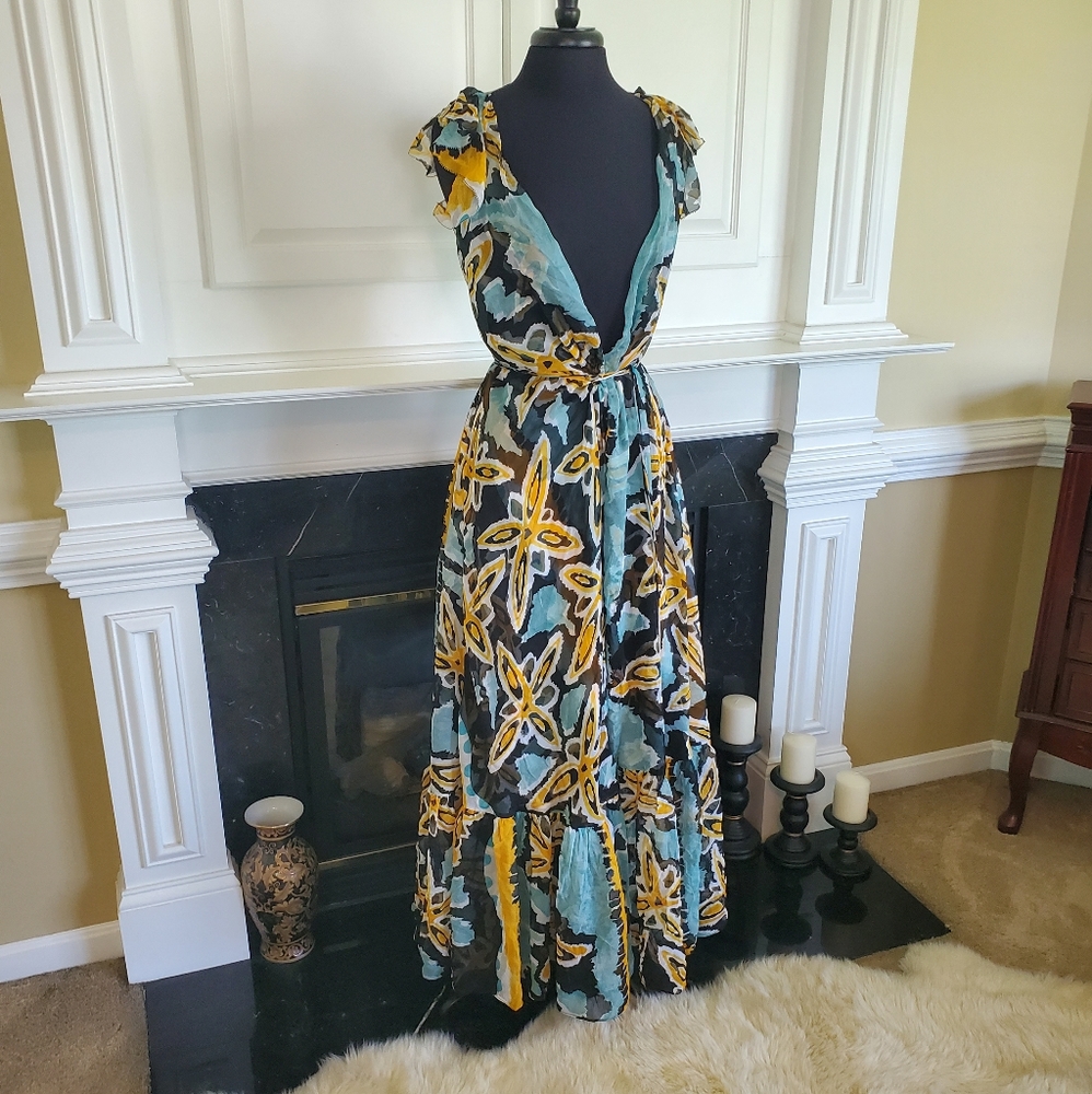 Diane Von Furstenberg Blue, Yellow and Black Floral Maxi Dress
